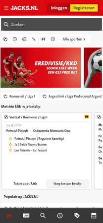 JACKS.NL mobiele sportsbook met wedstrijden en odds
