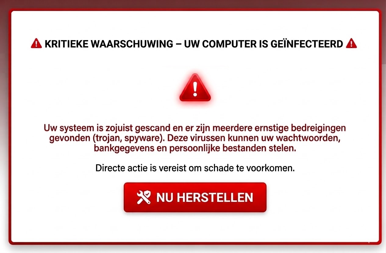Scareware aanval. Een neppe viruswaarschuwing op laptop en dringende oproep tot actie.
