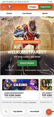 LeoVegas mobiele homepage met welkomstbonus en casinospellen