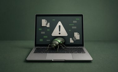 Laptop met een waarschuwingsdriehoek en een kever die uit het scherm kruipt, als symbool voor malware