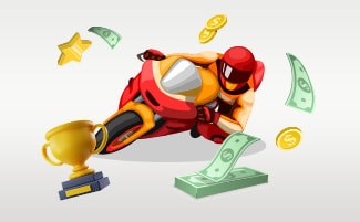 MotoGP racer, een beker, een ster en geld