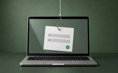 Laptop met een nep-inlogformulier aan een vishaak, als symbool voor phishing