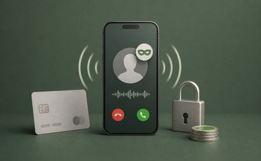 Smartphone met een inkomend gesprek van een gemaskerde beller naast een bankpas en een hangslot, als symbool voor telefonische fraude