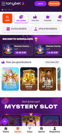 Tonybet mobiele casino lobby met aanbevolen slots