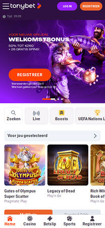 Tonybet mobiele homepage met welkomstbonus en casinospellen