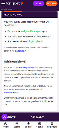 Tonybet mobiele klantenservice met chat en contactopties