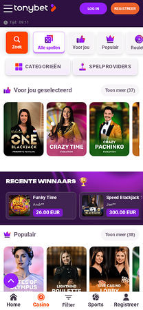 Tonybet mobiel live casino met live dealer spellen