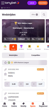 Tonybet mobiele sportsbook met wedstrijden en odds