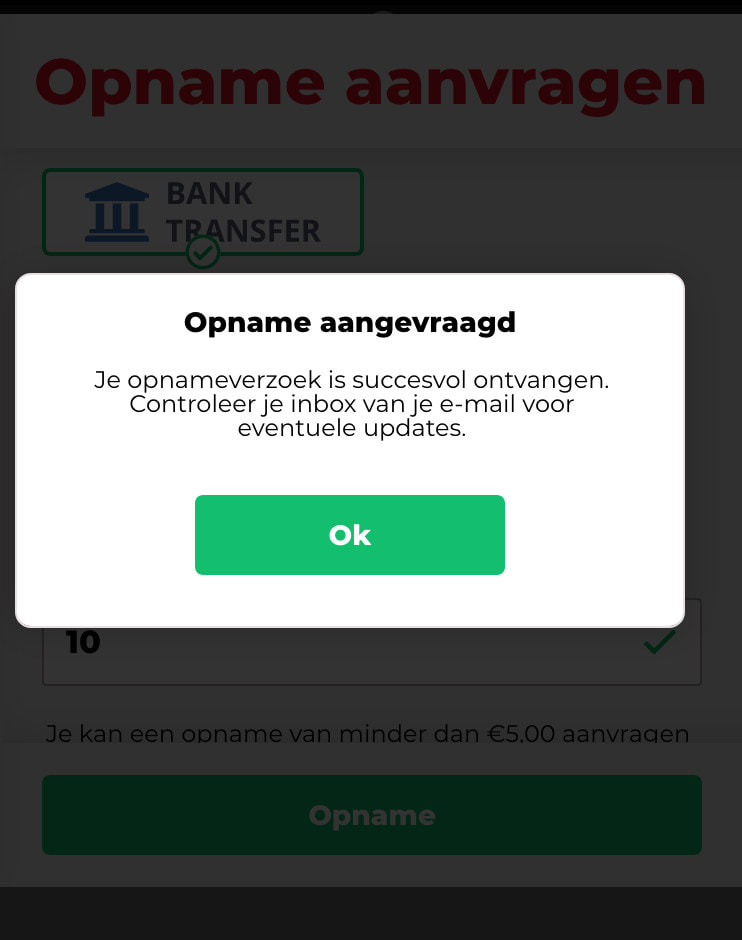 Overzicht van een goedgekeurde opname bij een Nederlands online casino met bedrag en tijdstip