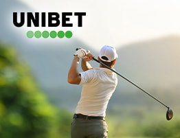 Een golfspeler en Unibet logo