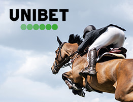 Jockey op een paard en Unibet logo