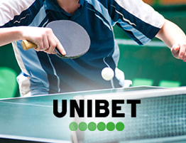 Tafeltennisser en een Unibet logo