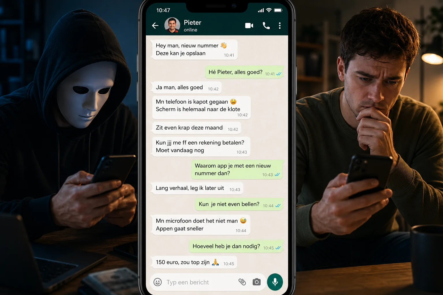 WhatsApp-fraude voorbeeld waarbij een oplichter zich voordoet als vriend “Pieter” en via WhatsApp om geld vraagt.
