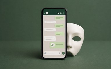 Smartphone met een chatgesprek waarin om geld wordt gevraagd en een masker erachter, als symbool voor WhatsApp-fraude