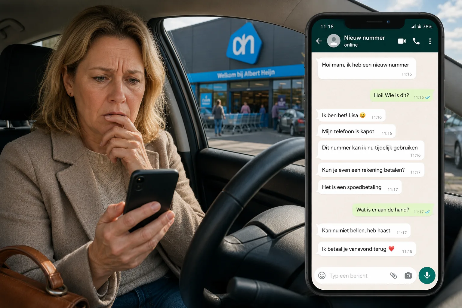 WhatsApp-fraude waarbij een moeder in een auto verdachte berichten ontvangt van haar “dochter” met een nieuw nummer.