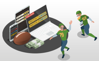 Rugbyspelers, een bal, mobiel wedden en geld