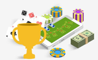 Baccarat spelen met een telefoon, een beker, fiches, kaarten en geld