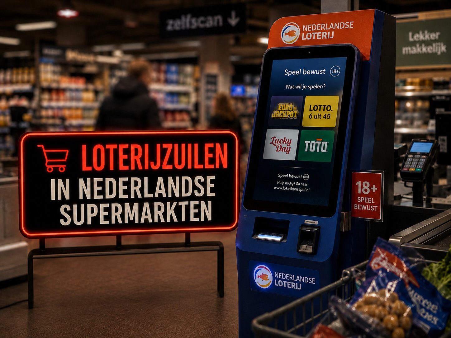 Loterijzuil van Nederlandse Loterij in een Nederlandse supermarkt