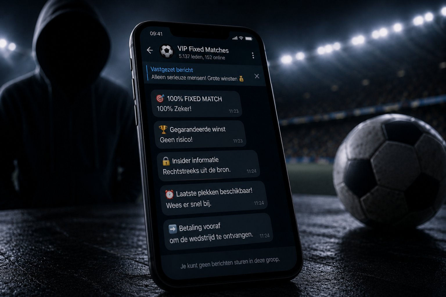 Voorbeeld van fixed match-oplichting via betaalde wedtips in Telegram-groepen