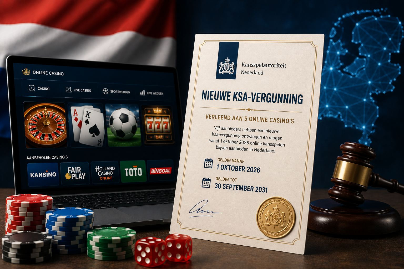 Vijf Nederlandse online casino's krijgen een nieuwe Ksa-vergunning vanaf 1 oktober 2026
