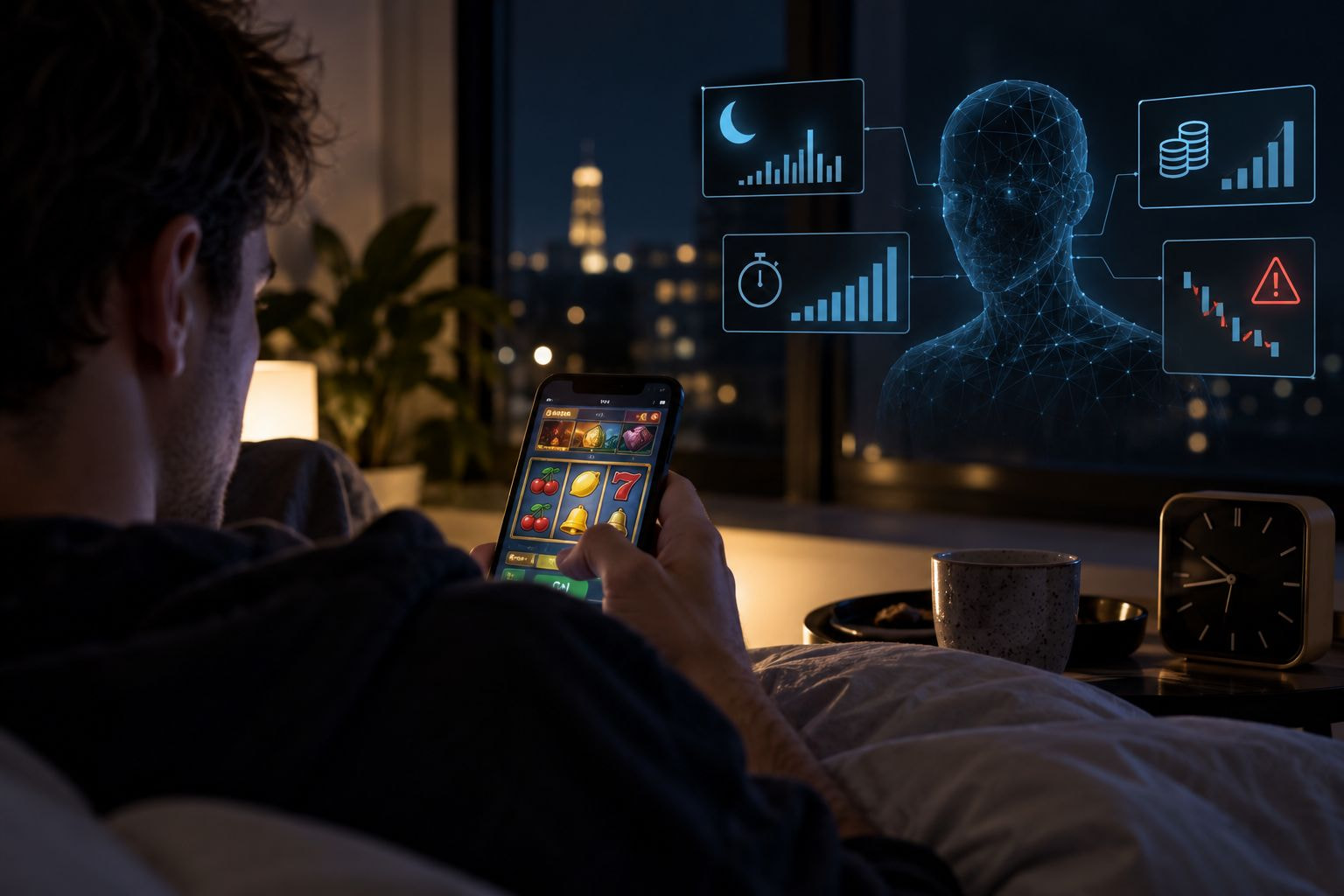 Speler gokt ’s nachts op een telefoon terwijl een AI-model het speelgedrag op risicosignalen analyseert