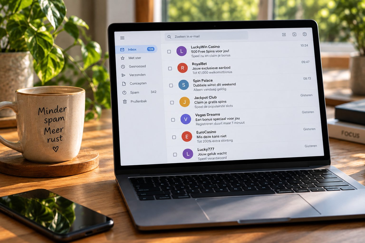 Mailbox vol casino spam met de meldknop voor ongewenste gokreclame