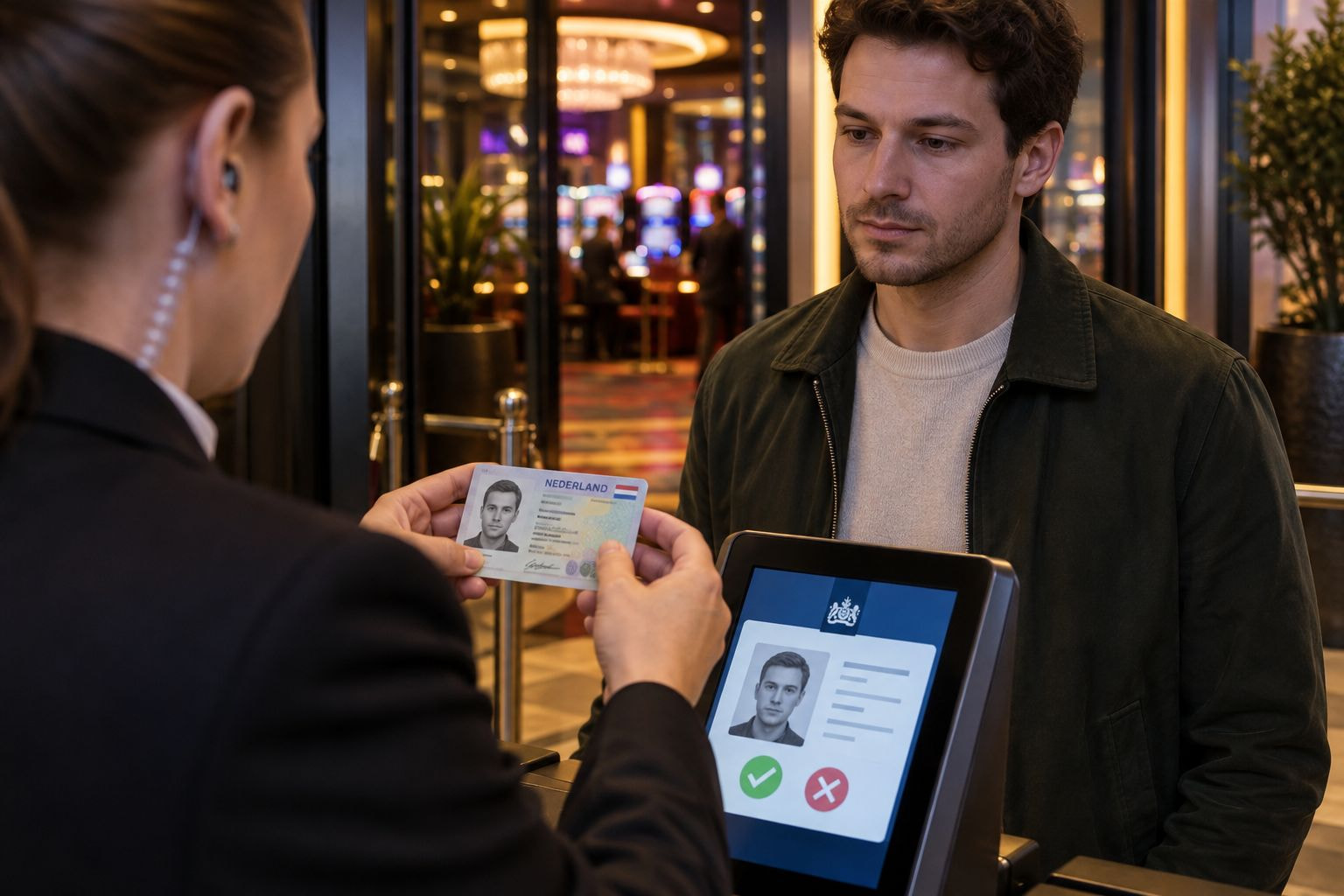Medewerker vergelijkt bij de ingang van een casino een identiteitsbewijs met de bezoeker voor de Cruks-controle