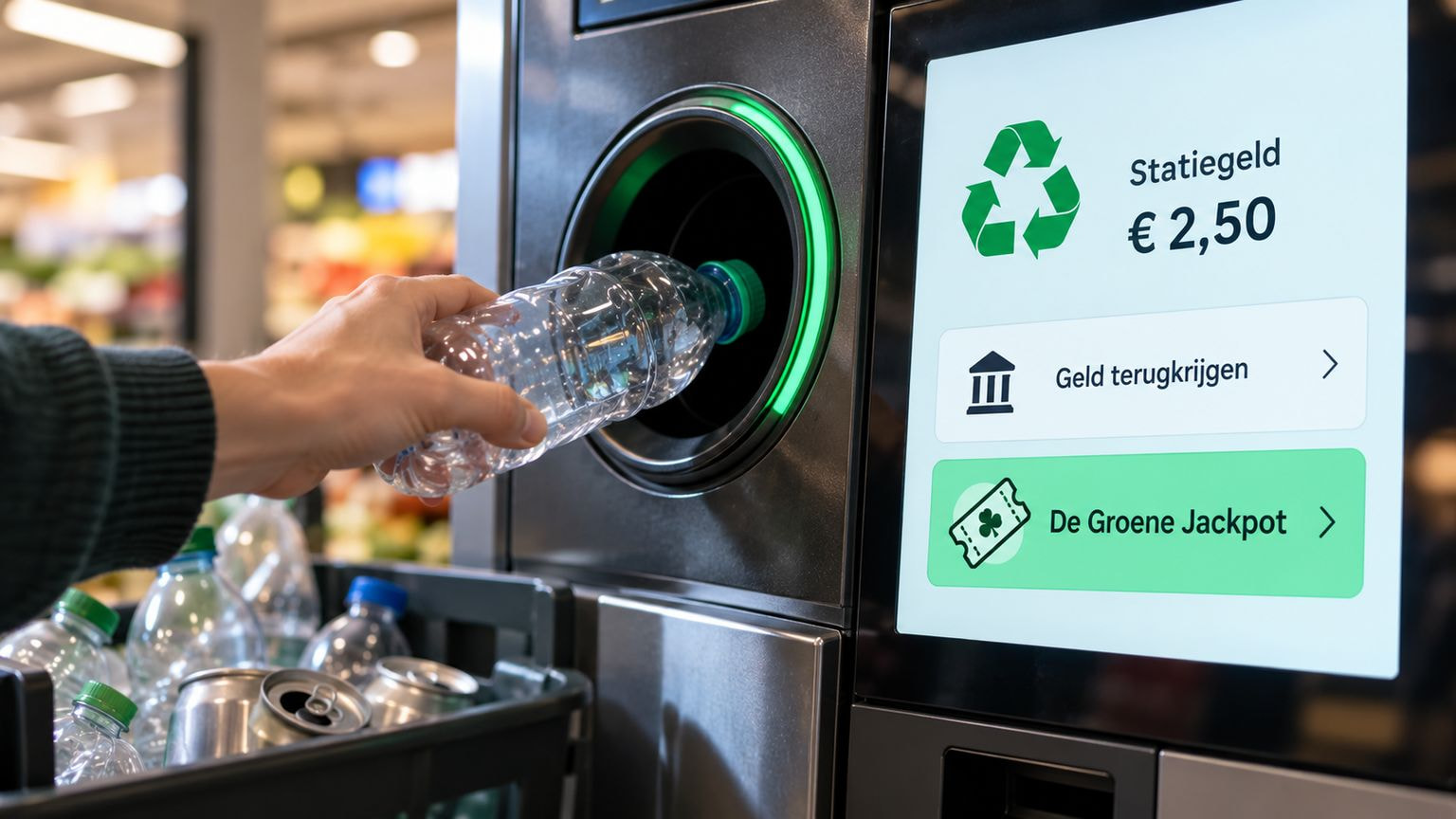 Statiegeldautomaat in de supermarkt waar je statiegeld kunt inruilen voor een lot van De Groene Jackpot